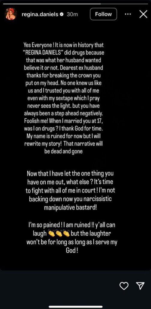 REGINA DANIELS RESPONDS TO EX HUSBAND